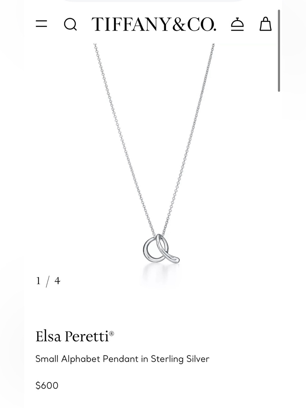 Tiffany & Co. Elsa Peretti Sterling Silver 'Q' Loop Pendant Necklace